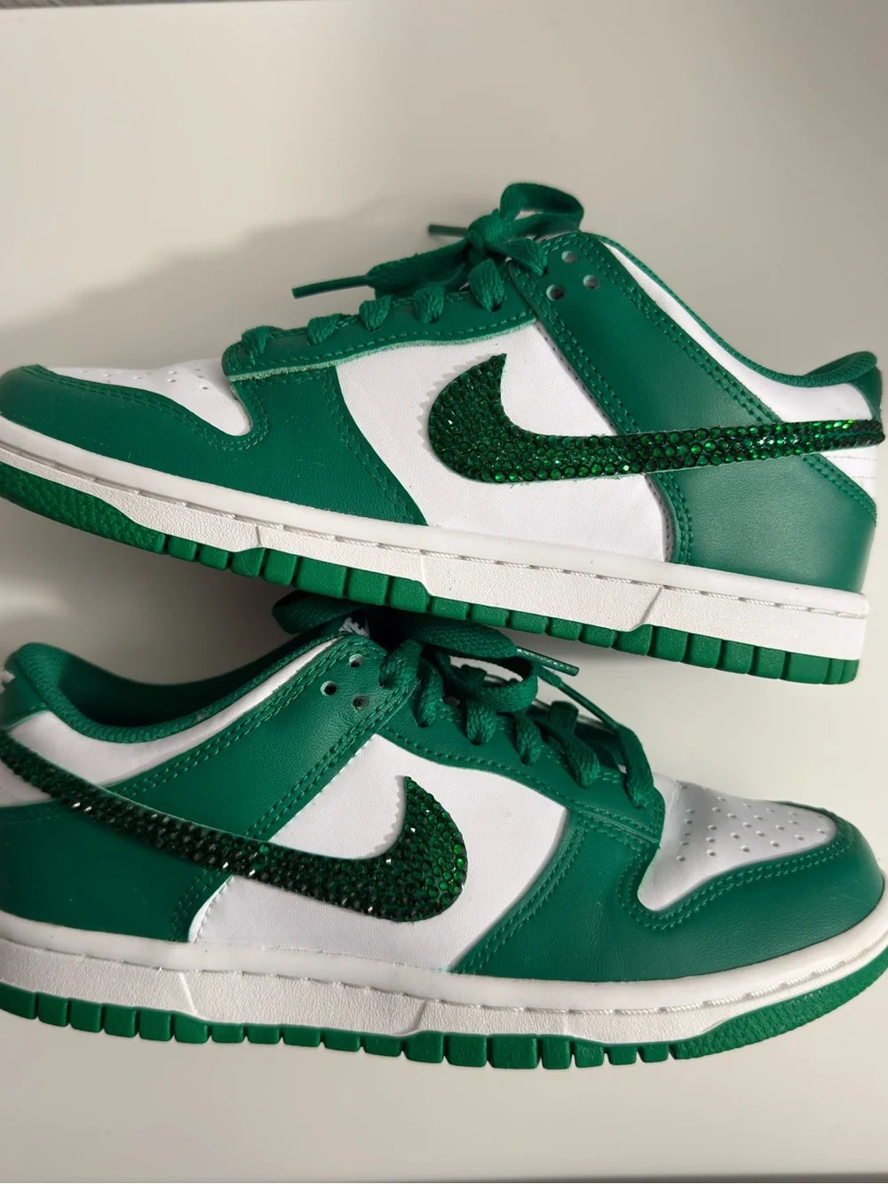 Kids Green & White Sneakers with Sparkle Swoosh Nike Dunks